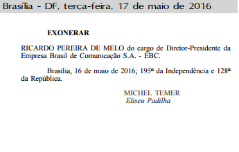 Exonerado por Temer, presidente da EBC vai ao STF